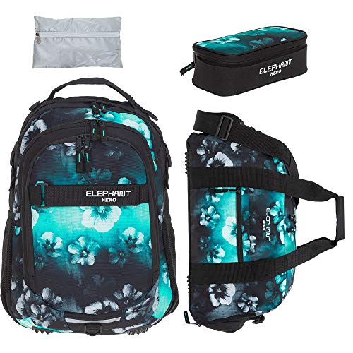 4 Teile Set Rucksack Jungen Schulrucksack Elephant Signature 12770 Cyber Camo Blau rsmr (Flower Schwarz-Türkis (Verlauf)) von Elephant