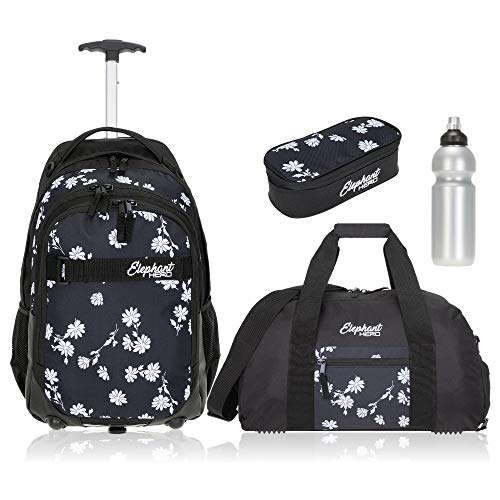 Elephant 4 Teile Set Trolley Hero Signature Schultrolley Rucksack Trolly Sporttasche Mäppchen Flasche 12800 (Black Flower (Schwarz/Blume)) von Elephant