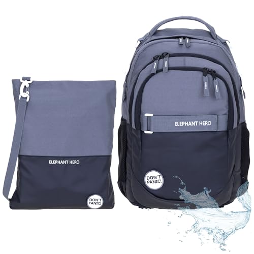 Elephant 2 Teile Set Schulrucksack HERO SIGNATURE Rucksack + Turnbeutel ATTACH BAG (Color Block Athrazit Schwarz 13047) von Elephant