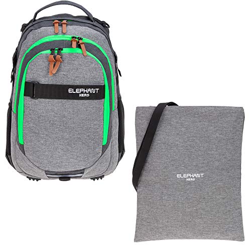 Elephant 2 Teile Set Schulrucksack HERO SIGNATURE Rucksack + Turnbeutel ATTACH BAG (Two Tone Green (grau/grün)) von Elephant