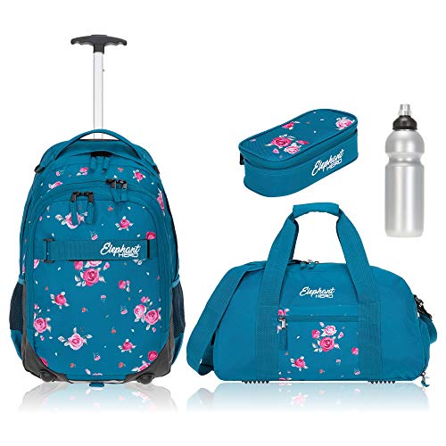 Elephant 4 Teile Set Trolley Hero Signature Schultrolley Rucksack Trolly Sporttasche Mäppchen Flasche 12800 (Blue Flower (Blau/Rose)) von Elephant