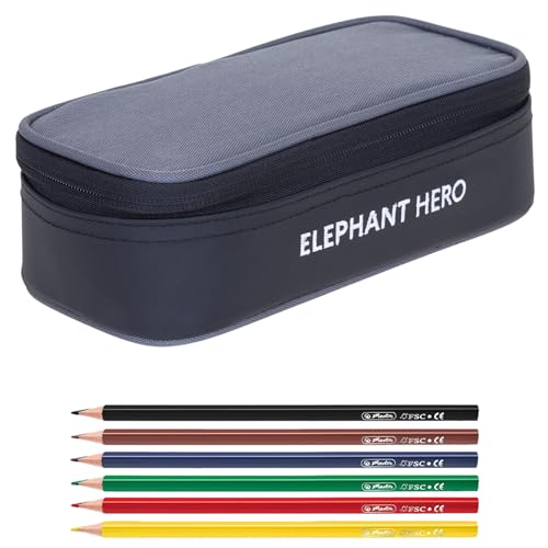 Elephant Mäppchen Mädchen Etui Federtasche Mäppchenbox groß Pennal Schülermäppchen Pencil case Box Large 12800 + 6 Stifte (Color Block Schwarz Anthrazit 13044) von Elephant