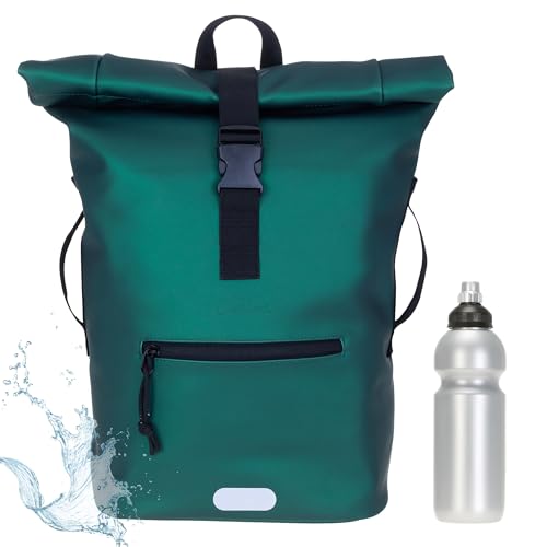 Elephant Rucksack Herren Plane Time Bag Kurierrucksack Roll-Top Fahrradrucksack Sport Fitness Damen 23 Liter A4 12821 + Flasche (Green Metallic 13074) von Elephant