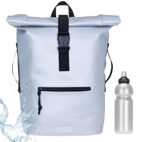 Elephant Rucksack Herren Plane Time Bag Kurierrucksack Roll-Top Fahrradrucksack Sport Fitness Damen 23 Liter A4 12821 + Flasche (Silver Titan Metallic 13074) von Elephant