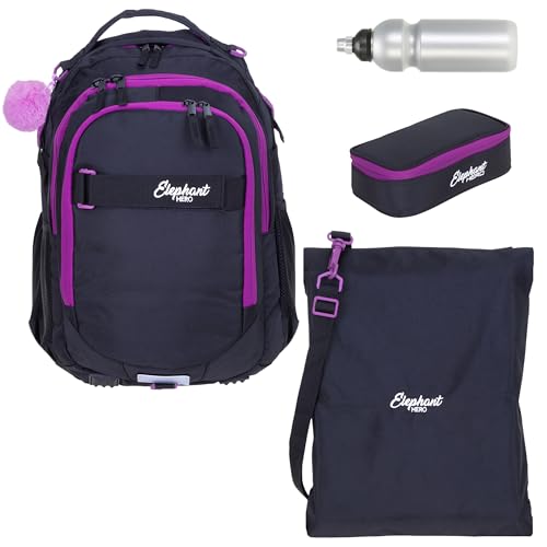 Elephant Schulrucksack 4 Teile Set Hero Signature Jungen Mädchen Rucksack Sportbeutel Mäppchen Flasche 12723 (Tiff Lila 13015 (Violett Black)) von Elephant