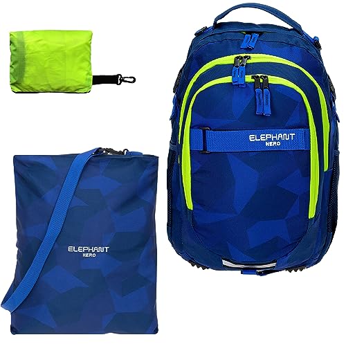 ELEPHANT Schulrucksack Jungen Mädchen ab 3. Klasse Schule Tasche Brustgurt Schultasche Rucksack mit Sportbeutel Attach Bag und Regenhülle Premium 3 Teile Set Auswahl rtp (Cyber Camo Blue NEON 12770) von ELEPHANT