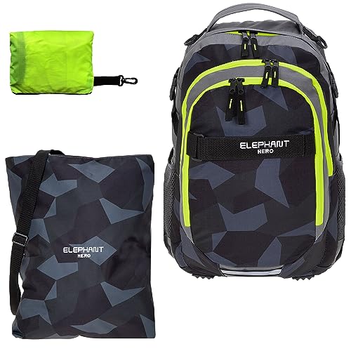 Schulrucksack Jungen Mädchen ab 3. Klasse Schule Tasche Brustgurt Schultasche Rucksack mit Sportbeutel Attach Bag und Regenhülle Premium 3 Teile Set Auswahl rtp (Cyber Camo Schwarz Gelb 12770) von ELEPHANT