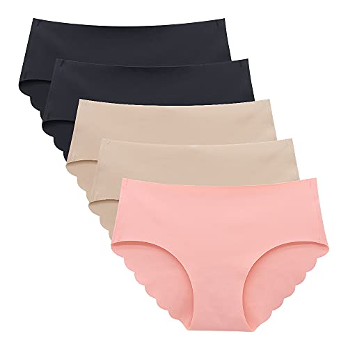 Eleplus Nahtlose Unterwäsche für Damen, No Show Panties Knickers Comfort Slips 5er Pack, 2 Schwarz, 2 Beige, 1 Pink, 36 von Eleplus