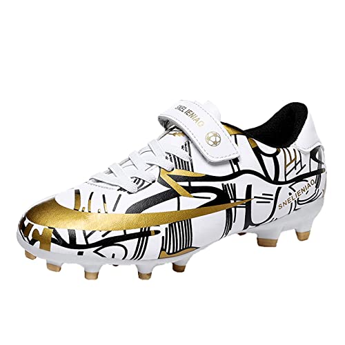 ELIOGN Fußballschuhe für Jungen Mädchen Kids Firm Ground Fußballschuhe Sportlich Tatsächliche Kampftrainingsschuhe Klett Fußball Schuhe Weiß Gold 33 von ELIOGN