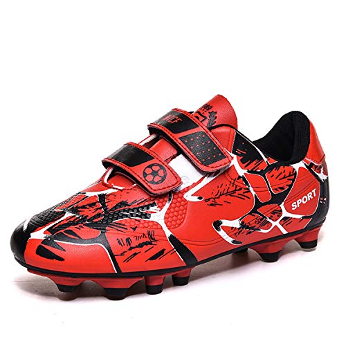 ELIOGN Jungen und Mädchen Outdoor-Fußballschuhe Sportliche Tatsächliche Kampftrainingsschuhe Klett-Fußballschuhe Rot 35 von ELIOGN