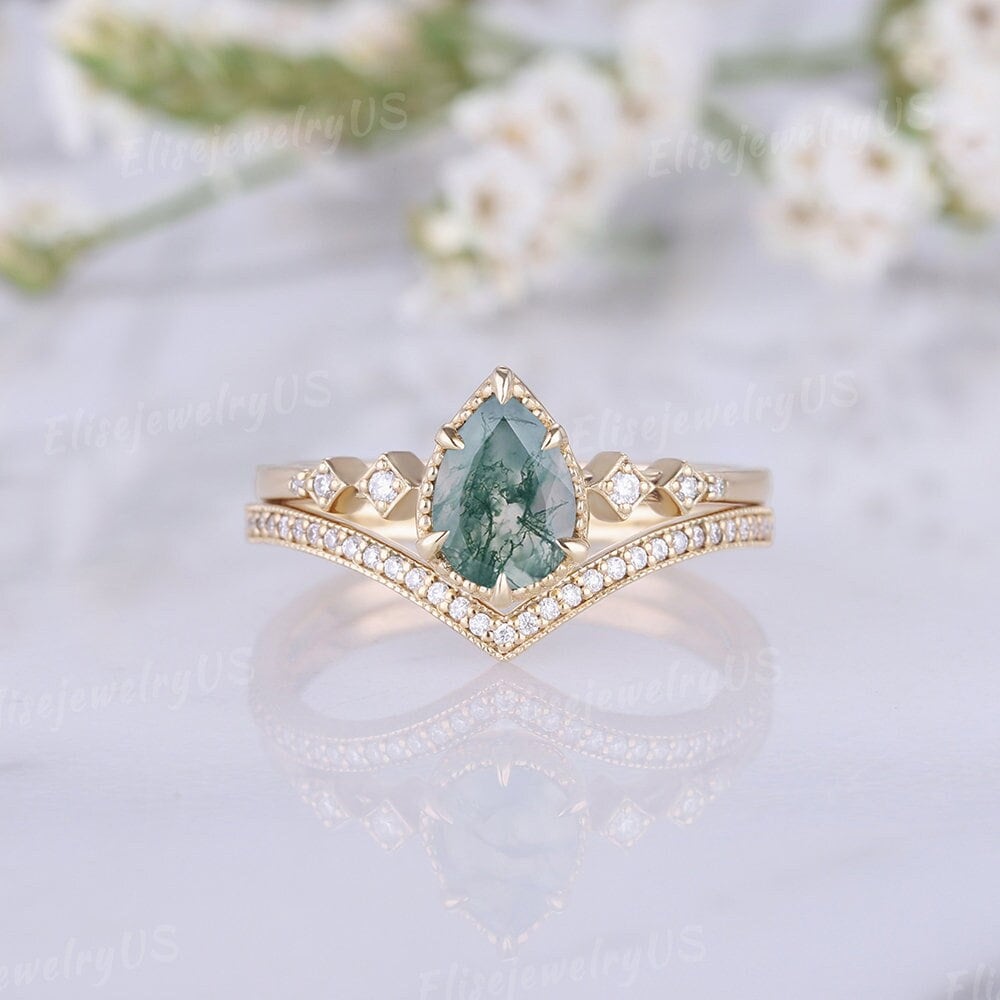 Birne Moos Achat Verlobungsring Set Zierliche Grüne Edelstein Ringe Einzigartige 14K Rose Gold Ring Braut Frauen 2 Stücke Natürlich Inspiriert von EliseJewelryUS