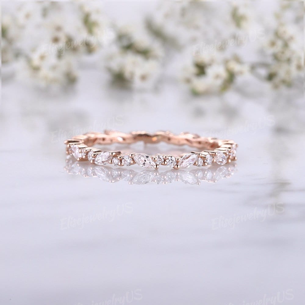 Rosegold Ehering Damen Marquiseschliff Moissanit Vintage Diamant Stapelring Einzigartig Volle Ewigkeit Versprechen Brautgeschenk von EliseJewelryUS