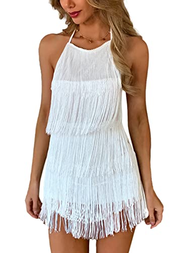 Ella Lust Verführerischer rückenfreier Overall mit Fransenkleid - Damen-Club-Boho-Playsuit mit Quasten und gestuftem Neckholder, Festival-Bodysuit(White,M,1074r) von Ella Lust