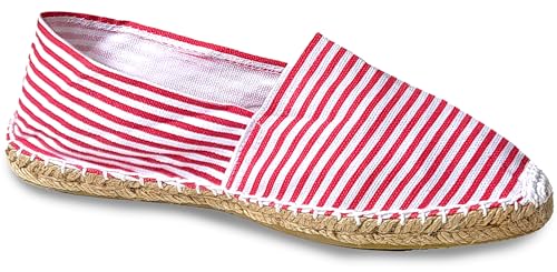 Espadrilles für Damen, flach, Esparto, ohne Keilabsatz, Segeltuch, geschlossen, mit Jutesohle, bedruckt, Rot gestreift, 36 EU von Embrollo