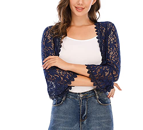 Enjoyoself Damen Bolero 3/4 Arm Elegant Hochzeit Spizen Jäckchen mit Trompetenärmel Dünne Jacke für zum Klied,Navyblau,S von Enjoyoself