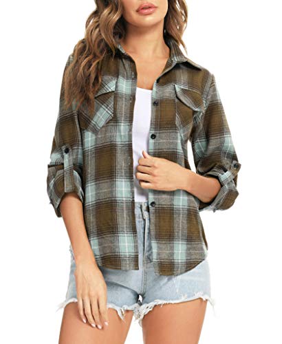 Enjoyoself Damen Flanellhemd 100% Baumwolle Langarm Holzfällerhemd Button-down Karierte Bluse für Alltag Oktoberfest braun+grün,S von Enjoyoself