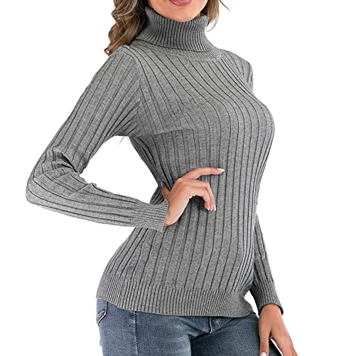 Enjoyoself Damen Gerippter Rollkragenpullover Feinstrick Elegant Langarm Strickpulli Stretch Warmer Winter Rolli,Grau,XXL von Enjoyoself