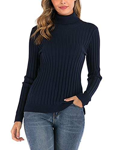 Enjoyoself Damen Gerippter Rollkragenpullover Feinstrick Elegant Langarm Strickpulli Stretch Warmer Winter Rolli,Navyblau,L von Enjoyoself