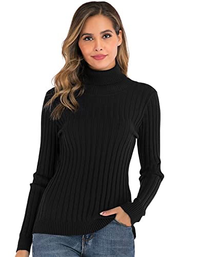 Enjoyoself Damen Gerippter Rollkragenpullover Feinstrick Elegant Langarm Strickpulli Stretch Warmer Winter Rolli,Schwarz,S von Enjoyoself