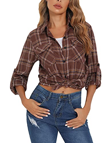 Enjoyoself Damen Karierte Bluse 100% Baumwolle Flanellhemd Langarm Holzfällerhemd Button-down Karobluse für Frühling Herbst Dunkelbraun,M von Enjoyoself