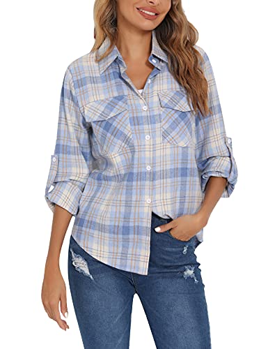 Enjoyoself Damen Kariertes Hemd 100% Baumwolle Langarm Holzfällerhemd Button-down Karobluse für Alltag Oktoberfest Hellblau,XXL von Enjoyoself