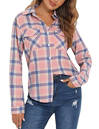 Enjoyoself Damen Karohemd 100% Baumwolle Holzfäller Langarm Button-down Flanellhemd Boyfriend Karierte Bluse für Herbst Hellrosa,XXL von Enjoyoself