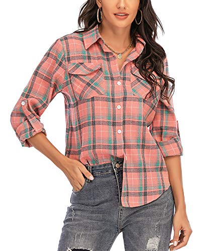 Enjoyoself Damen Karohemd Baumwolle Holzfäller Bluse Langarm Button-down Flanellhemd Boyfriend Karierte Bluse für Alltag Oktoberfest Rosa,L von Enjoyoself