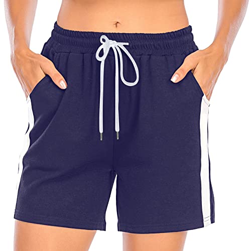 Enjoyoself Damen Kurze Sporthose Baumwolle Sommer Sweatshorts mit Tasche Tunnelzug Kontrastfarbene Sportshorts,Navyblau M von Enjoyoself