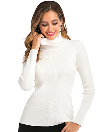 Enjoyoself Damen Strickpullover mit Rollkragen Langarm Rippstrick Pullover Kuschelig Stretch Rolli für Winter Weiß,S von Enjoyoself