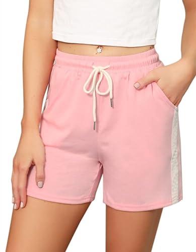 Enjoyoself Damen Shorts Kurze Sporthose Leichte Luftige Gestreifte Sommershorts mit Gummibund Casual Sweatshorts für Sport Freizeit Rosa L von Enjoyoself