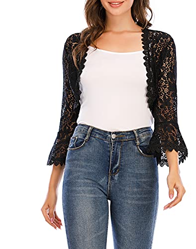 Enjoyoself Damen Spitzen Bolero Elegante Festliche 3/4 Arm Bolerojacke zum Kleid Leichte Sommerjacke mit Trompetenärmel,Schwarz,L von Enjoyoself