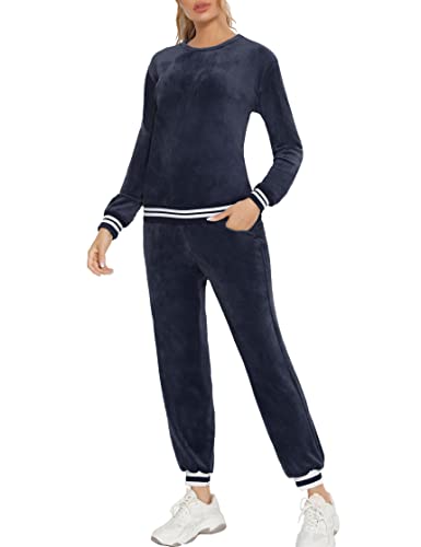 Enjoyoself Damen Velours Traningsanzug Samtweich Hausanzug mit Gerippt Bündchen Langarm Rundhals Pullover+Lange Hose mit Tasche Navyblau,XL von Enjoyoself