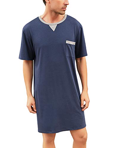 Enjoyoself Herren Kurzarm Nachthemd Baumwolle Leicht Luftig Lang Nachtwäsche Shirt Praktisch Sleepshirt für Krankhaus Dunkelblau,S von Enjoyoself