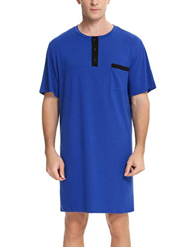 Enjoyoself Herren Nachthemd Baumwolle Kuschelig Kurzarm Runhals Nachtwäsche Shirt mit Seitenschlitze Luftig Einteilig Schlafanzug Blau,M von Enjoyoself