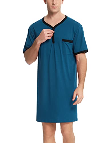 Enjoyoself Herren Nachthemd Baumwolle Kuschelig Kurzarm Runhals Nachtwäsche Shirt mit Seitenschlitze Luftig Einteilig Schlafanzug Blau,XL von Enjoyoself