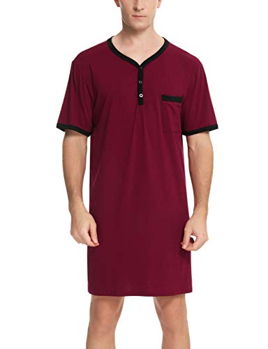 Enjoyoself Herren Nachthemd Kurzarm Baumwolle Einteiliger Schlafanzug Luftig Lang Nachtwäsche Shirt mit Knopfleiste Praktisch Sleepshirt weinrot,M von Enjoyoself