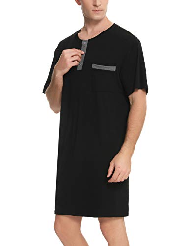 Herren Nachthemd Kurzarm Rundhals Schlafanzugoberteil Weich Baumwolle Sleepshirt mit Knopfleiste Lufitg Schlafanzug ohne Hosengummi Schwarz,M von Enjoyoself