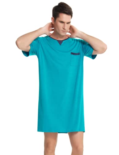 Enjoyoself Herren Nachthemd Kurzarm V Ausschnitt Schlafanzugoberteil Baumwolle Lufitg Sleepshirt mit Brusttasche ohne Hosengummi Türkis,M von Enjoyoself