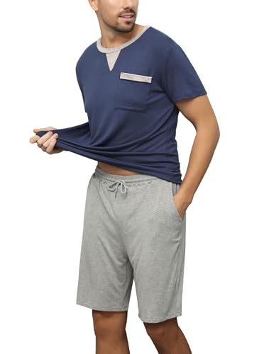 Enjoyoself Schlafanzug Herren Kurz Baumwolle Pyjama Kurzarm Zweiteilig Nachtwäsche Leicht Luftig Sommer Shorty dunkelblau, L von Enjoyoself