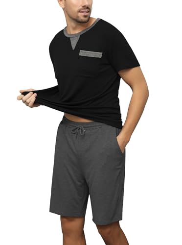 Enjoyoself Schlafanzug Herren Kurz Baumwolle Pyjama Kurzarm Zweiteilig Nachtwäsche Leicht Luftig Sommer Shorty schwarz, XL von Enjoyoself