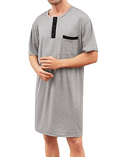 Herren Nachthemd Baumwolle Kuschelig Kurzarm Runhals Nachtwäsche Shirt mit Seitenschlitze Luftig Einteilig Schlafanzug Grau,M von Enjoyoself