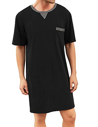 Enjoyoself Herren Kurzarm Nachthemd Baumwolle Leicht Luftig Lang Nachtwäsche Shirt Praktisch Sleepshirt für Krankhaus Schwarz,XXL von Enjoyoself