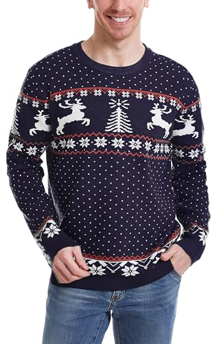 Enjyam Weihnachtspulli Herren Rundhals Weihnachtlich Strickpullover mit Rentier Gerippt Bündchen Kuschelig Norwegerpullover Navy,XL von Enjyam