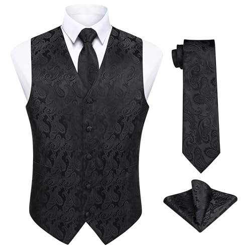 Enlision Anzugweste Schwarz Herren Hochzeit Paisley Westen & Krawatte Einstecktuch Party Floral Jacquard Anzug Weste Set 3XL von Enlision