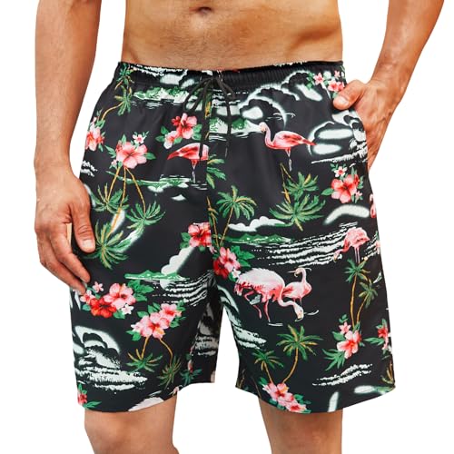 Enlision Badehose für Herren Kurze Badeshort Herren Sommer Flamingo Hawaii Badehose Männer Strandhose Schwimmhose Schnelltrocknend mit Taschen 3XL von Enlision