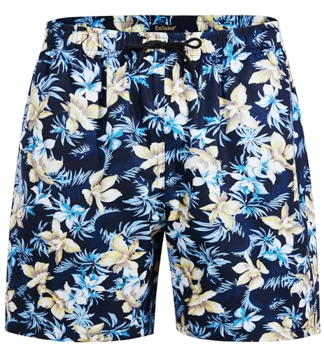 Enlision Badeshorts für Herren Badehose Blumen Hawaii Kurze Hose Boardshorts Sommer Strand Urlaub Surf Schnelltrocknende Badehosen Marineblau XL von Enlision