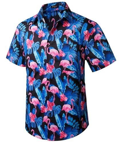 Enlision Hawaii Hemd Männer Kurzarm Hawaii Hemd Flamingo Hemd Blumen Herren für Sommer Strand Freizeithemd Hawaiihemden Rosa/Blau 3XL von Enlision