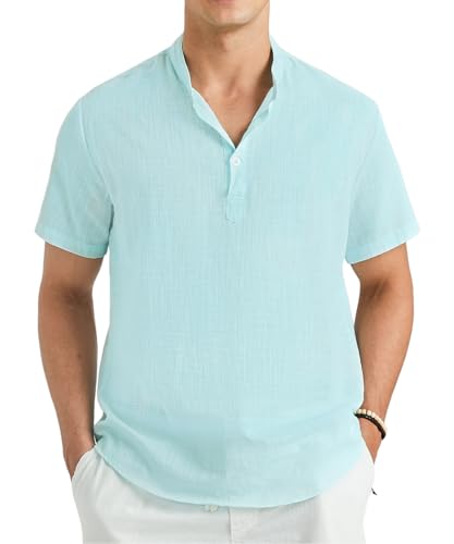 Enlision Hemd Herren Kurzarm Leinenhemd Hemden Leichtes Sommerhemd Herren Sommer Henley Shirt Aqua Freizeithemden Männer für Strand Regular Fit 2XL von Enlision