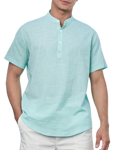 Enlision Hemd Herren Kurzarm Leinenhemd Hemden Leichtes Sommerhemd Herren Sommer Henley Shirt Aqua Freizeithemden Männer für Strand Regular Fit 3XL von Enlision