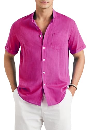 Enlision Hemden Herren Kurzarm Leinenhemd Pink Herren Sommerhemd Freizeithemden Herren Ohne Kragen Henley Shirt Regular Fit 2XL von Enlision